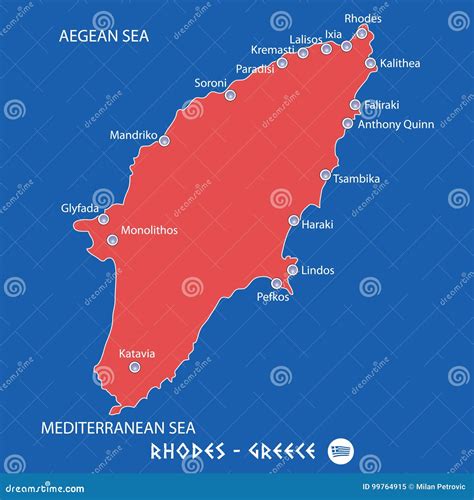 Island of Rhodes in Greece Red Map Illustration Stock Vector