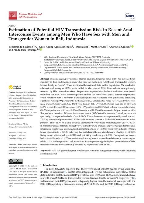 Pdf Estimation Of Potential Hiv Transmission Risk In Recent Anal Intercourse Events Among Men