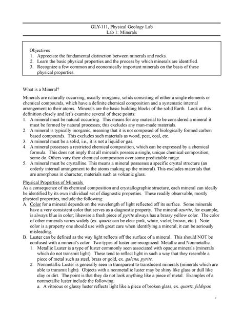 Lab1 GLY111 GLY 111 Physical Geology Lab Lab 1 Minerals Objectives