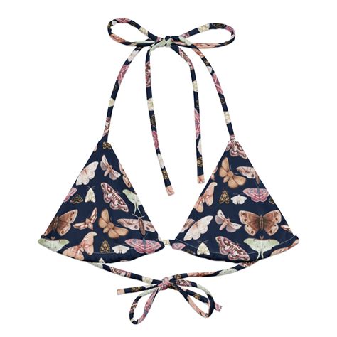 Moth Eclipse Recycled String Bikini Top Aesthetic Design Padded Bikini Top Navy Blue Goblincore