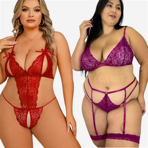 Kit Lingerie Plus Size Sexy Renda Body Abertura Conjunto Plus Size Gladiadora Cinta Liga