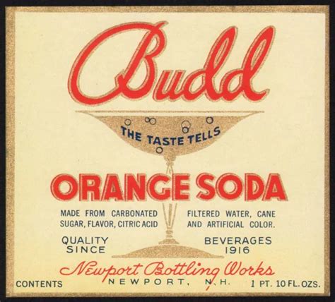 Vintage Soda Pop Bottle Label Budd Orange Soda Newport Nh Unused New