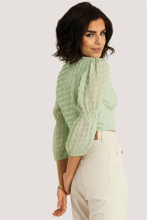 V Shape Flowy Puff Sleeve Blouse Green Na