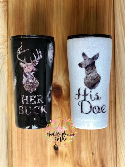 Her Buck His Doe Camo Glitter Tumbler Set Couples Set Glittered