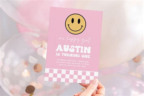 Editable One Happy Girl Birthday Invitation Smiley Face One Happy Babe First Birthday Invite