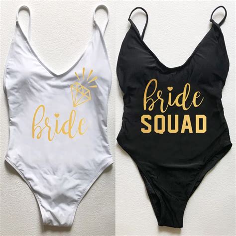 Padded Sexy Bride Squad Letter Print One Piece Swimsuit Swimwear Women Bikini Bathing Suit