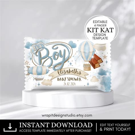 Editable Hot Air Balloon Baby Shower Favor Blue Printable Chocolate Wrapper Label Template