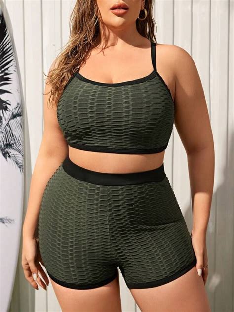 SHEIN Swim SPRTY Plus Size Color Block Bikini Set With Edge Detail And Texture SHEIN EUQS