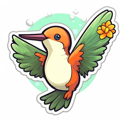 Colibrí de dibujos animados con flor en el pico y alas extendidas ai