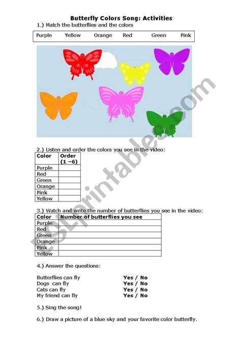 English Worksheets The Butterfly Color Song Colours