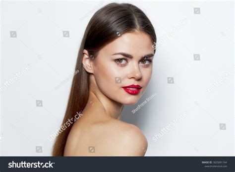 Woman Portrait Smiling Naked Shoulders Red Stock Photo Edit Now
