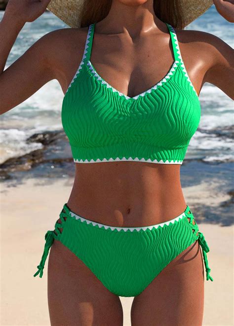 Lace Up Contrast Binding Green Bikini Set Rosewe USD 36 98