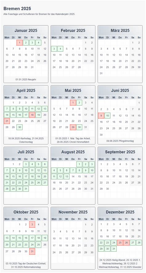 Jahreskalender mit Schulferien und Feiertagen für Bremen 2025