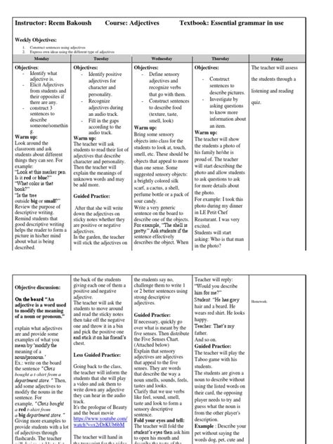 adjectives weekly plan  adjective noun