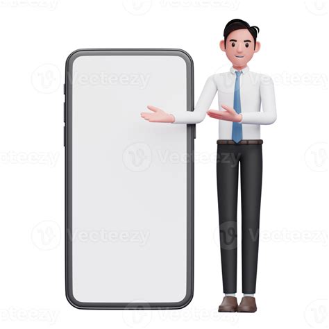 Businessman In White Shirt Presenting Big Phone With White Blank Screen