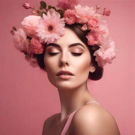 Premium AI Image Art Portrait Of A Brunette Girl With Pink Flowers In Her Hair Professional