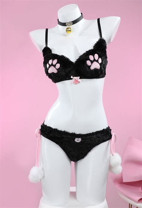Women Kawaii Homewear Sexy Lingerie Set Plush Cat Paw Three Point Top And Panty With Skirt