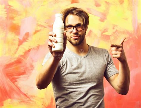 Caucasian Bearded Macho Man Holding Bottle Of Milk Stock Image Image