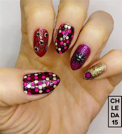 Honeycomb Nail Art Design With Red Pink Gold Nude And Black