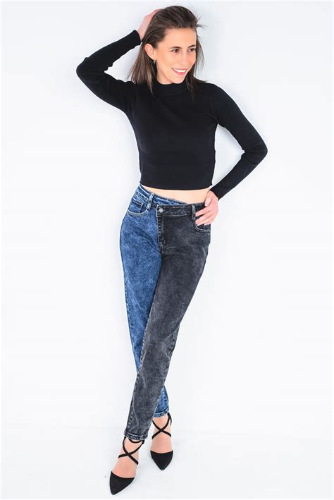 X582 Dwukolorowe Damskie Jeansy Klasyczne Mom Fit Z Wysokim Stanem Xs S