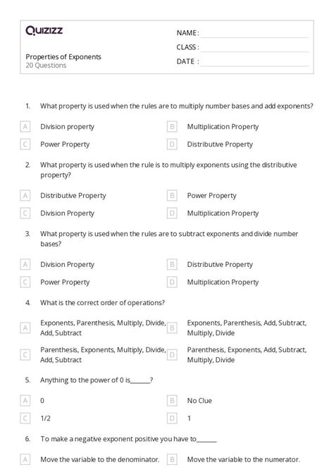 50 Properties Of Exponents Worksheets For 6th Class On Quizizz Free