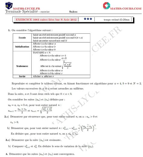 Maths Lycee Fr Exercice Corrig Maths Terminale Sp Cialit Suites Li Es