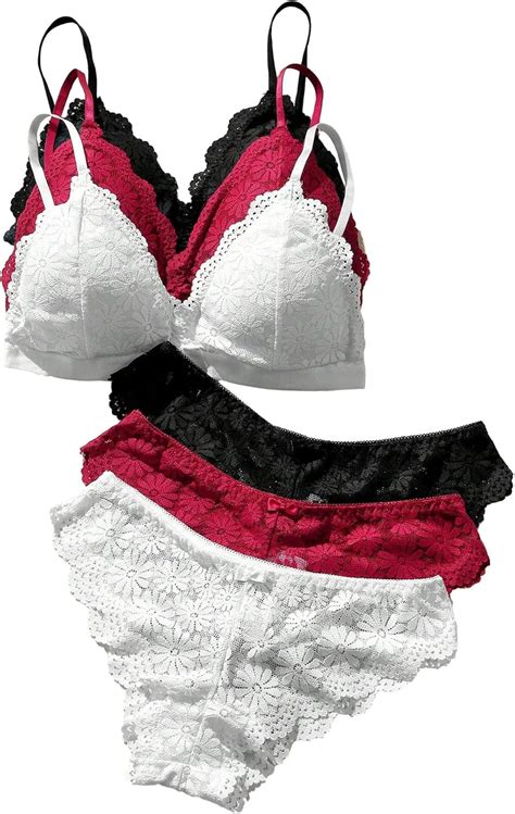 Amazon Gorglitter Women S Pack Floral Lace Solid Lingerie Set Scallop Trim Wireless