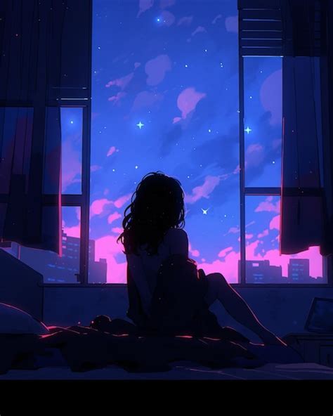 Anime Girl Sitting On Bed Looking Out Window At Night Sky Générative Ai