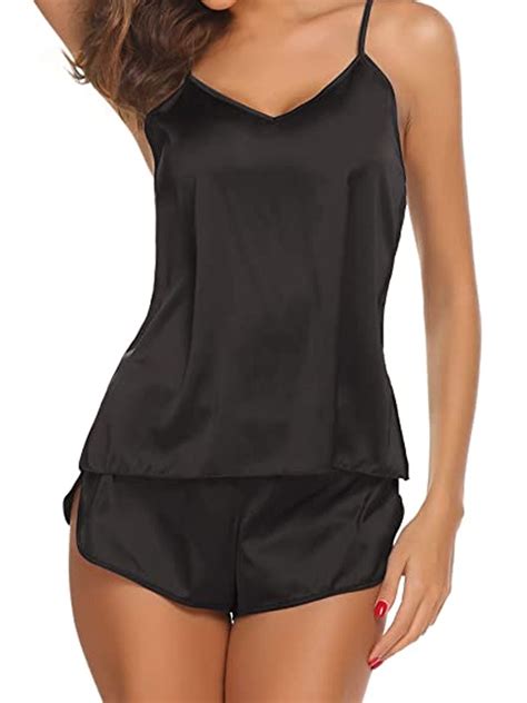 Luxtrada Womens Sleepwear Sexy Lingerie Camisole Satin Pajamas Cami Shorts Set Nightwear Black