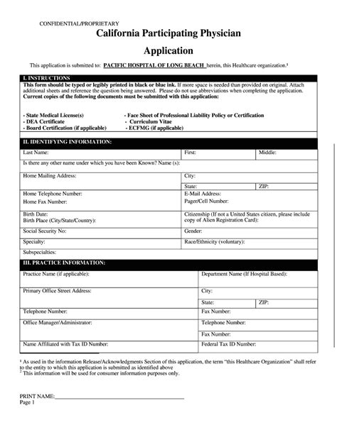 Ca Pacific Hospital California Participating Physician Blank Fillable