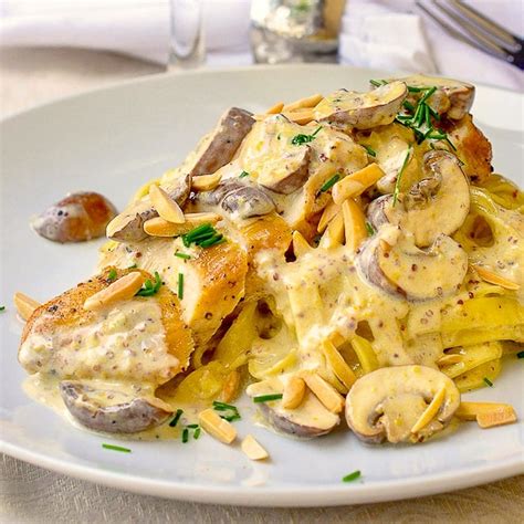 Dijon Chicken Linguine In A Creamy Mushroom Sauce With Almonds