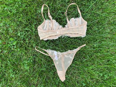 Victorias Secret Lingerie Set Sheer Nude Sequin Flor Gem