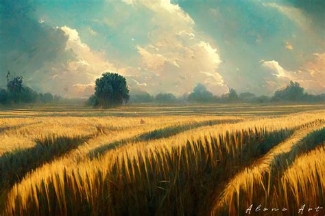 Wheat Field with Cloudy Sky Painting Graphic by Alone Art · Creative Fabrica