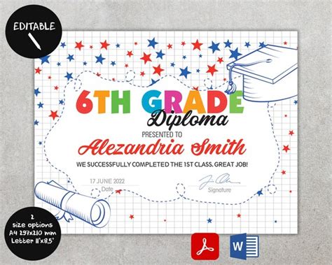 Editable 6th Grade Diploma Certificate For Students Kids Etsy Australia