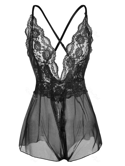 Nuisette Lingerie Fendue Transparente De Grande Taille Avec Dentelle En BLACK Rosegal France