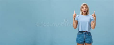 Waist Up Shot Of Impressed Enthusiastic Creative Blonde Woman In Trendy Summer Outfit Smiling