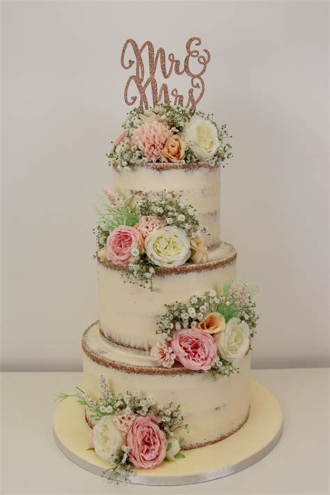 Semi Naked Wedding Cake With Silk Flowers No W386 Creative Cakes