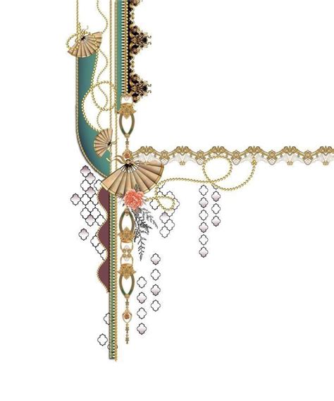 An Ornate Gold And Green Border With Pearls Beads And Fan Shapes On It