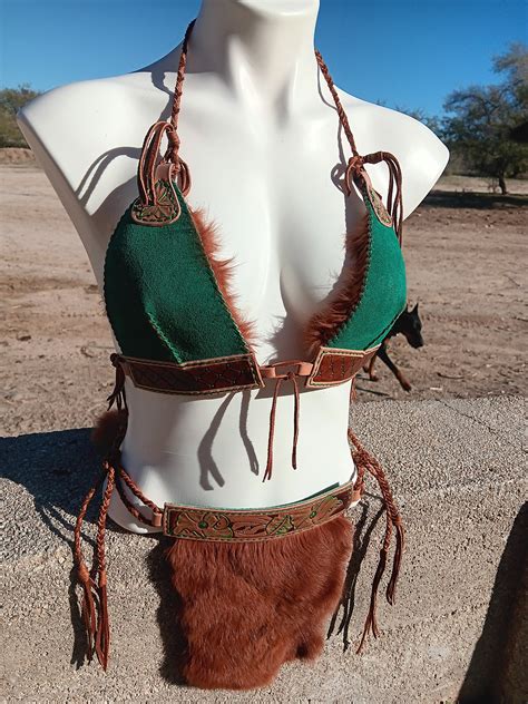 Custom Hand Tooled Leather Rabbit Fur Suede Deerskin Reversible Bikini Top For Festival Costume