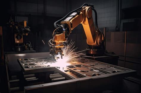 Braço Robótico Soldando Placas De Metal Em Fábrica Criada Com Ia Generativa Imagem Premium