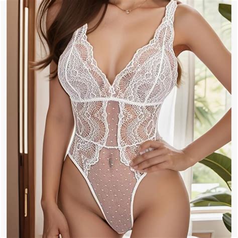 Amazon Tops Sexy Bodysuit S White Lace Mesh Lingerie High Cut Sheer Underwear Deep V New