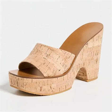 Nude Open Square Toe Platform Cork Wedge Sandals Mule Heels