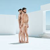 Naked Statue Art Deco And Men Embrace In Open Space Architecture In