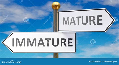 Immature Mature As Different Choices Life Pictured Words Road Signs Pointing Opposite Ways To