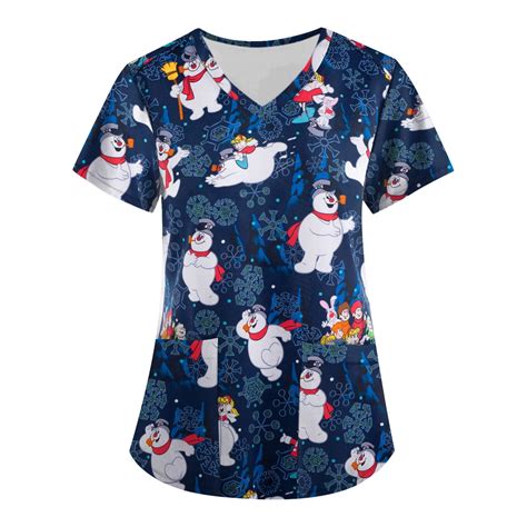 Susanny Christmas Snowman Scrub Top Women Uniforms With Pocket Fun