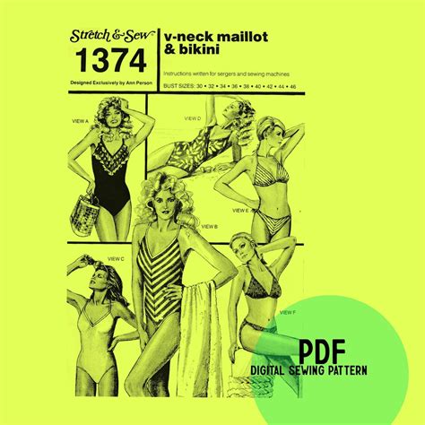 Vintage Bikini Sewing Pattern V Neck Maillot And Bikini 80s Digital Sewing Pattern 6