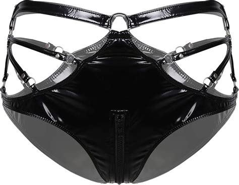 Yoojia Damen Ouvert String Wetlook Hotpants Bikini Briefs Slip Lack Leder Panty Offen Schritt