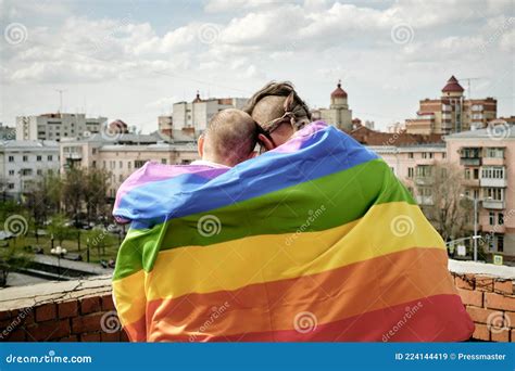 Gay Men Wrapped In Rainbow Flag Stock Image Image Of Community Wrapping