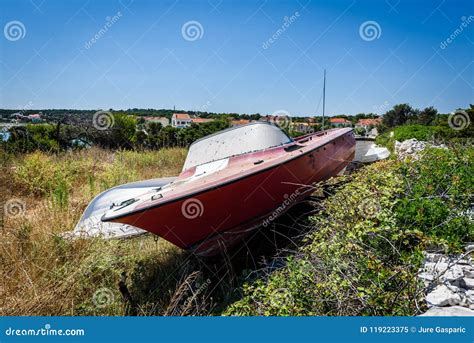 Old Abandoned Wrecked Speed Boat At Ship Or Boat Graveyard Stock Image