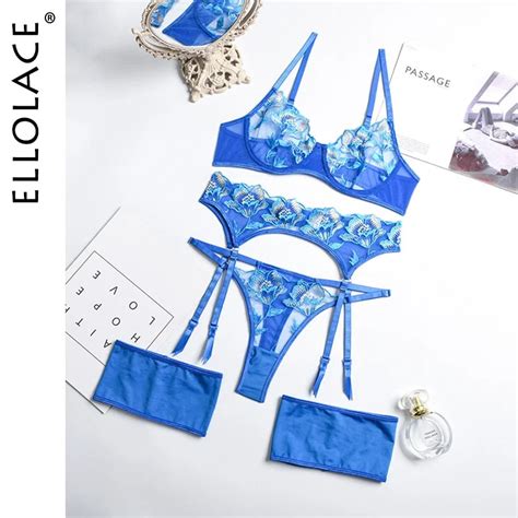Ellolace Sexy Lingerie See Through Lace Four Piece Set Fancy Underwire Bra Kit Push Up Underwear